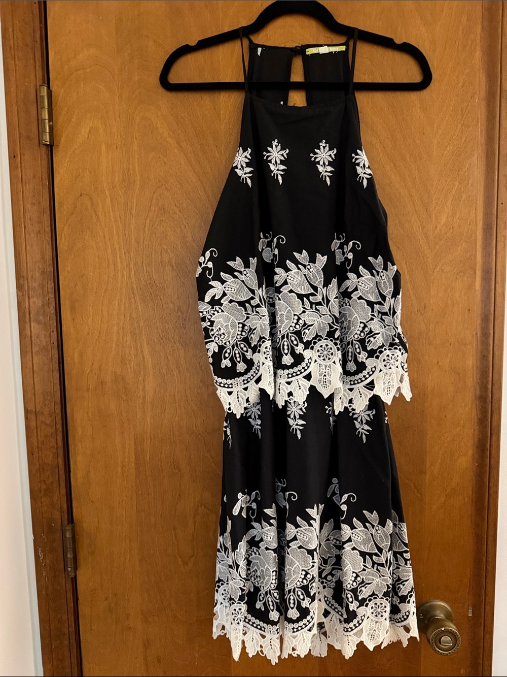 Gianni Bini Black Halter Mini Dress with White Lace Embroidery